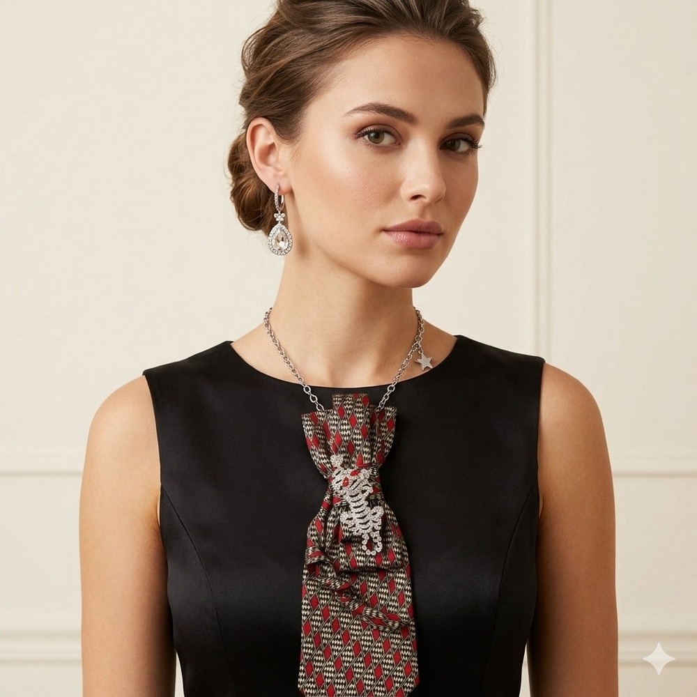 Diamond Silks Silk Tie Necklace Rhinestone Tiger Brooch & Macys Earring Set